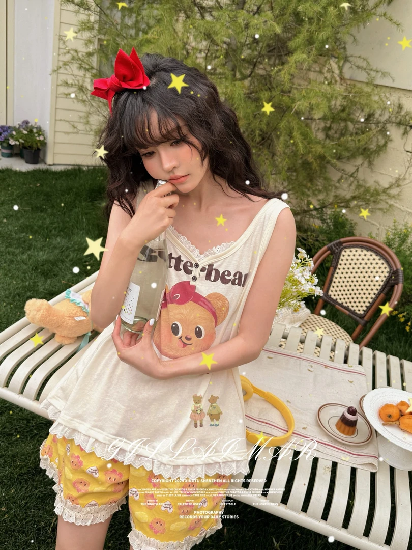 小熊家正品夏季宽松薄款休闲少女印花甜美睡衣家居服合集