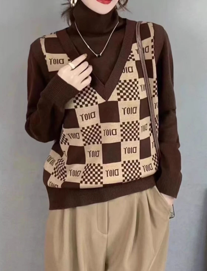 欧货时尚字母假两件高领毛衣女宽松显瘦百搭打底针织衫B138#