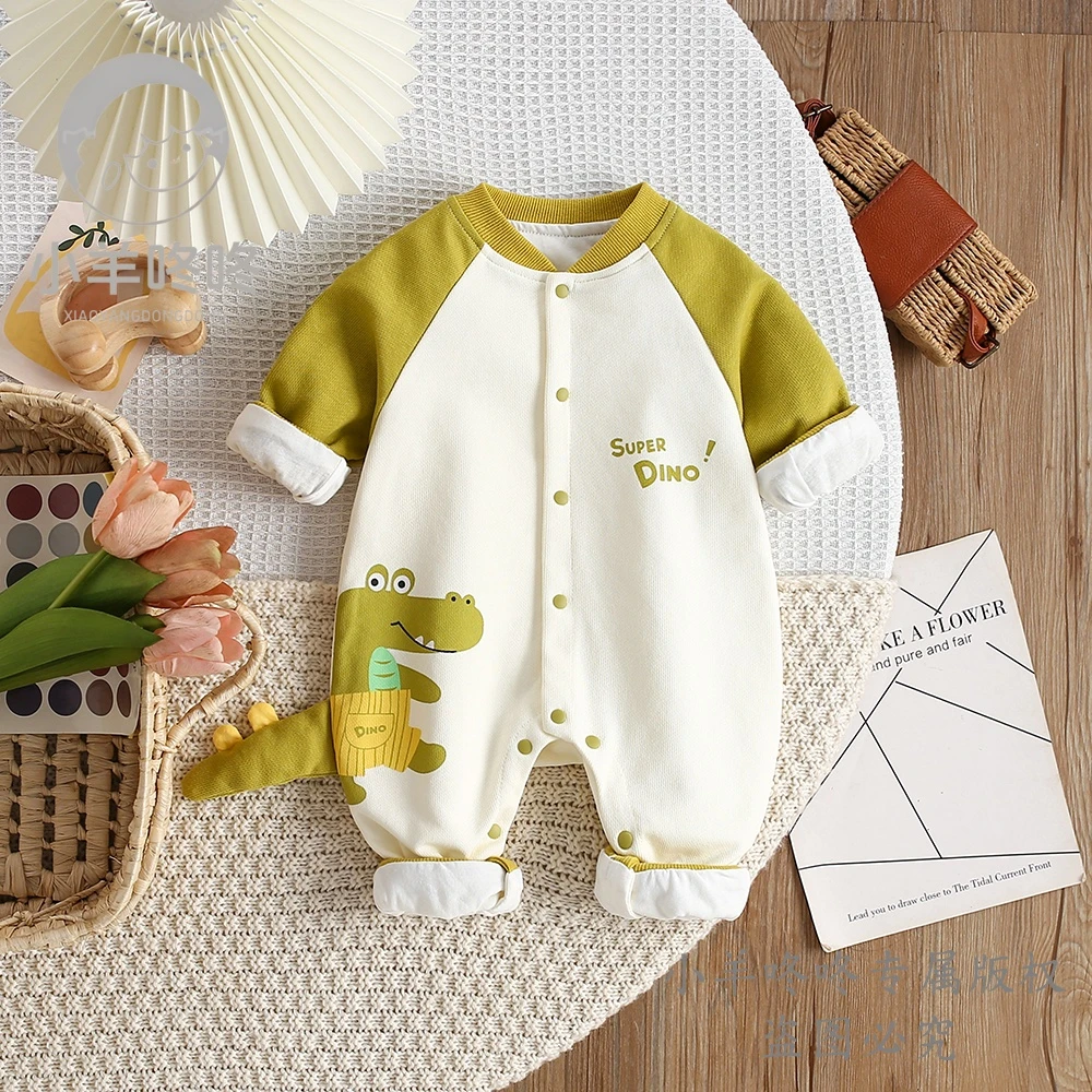 春秋恐龙尾巴探险家卡通插肩袖可爱洋气宝宝长袖双层连体哈衣爬服