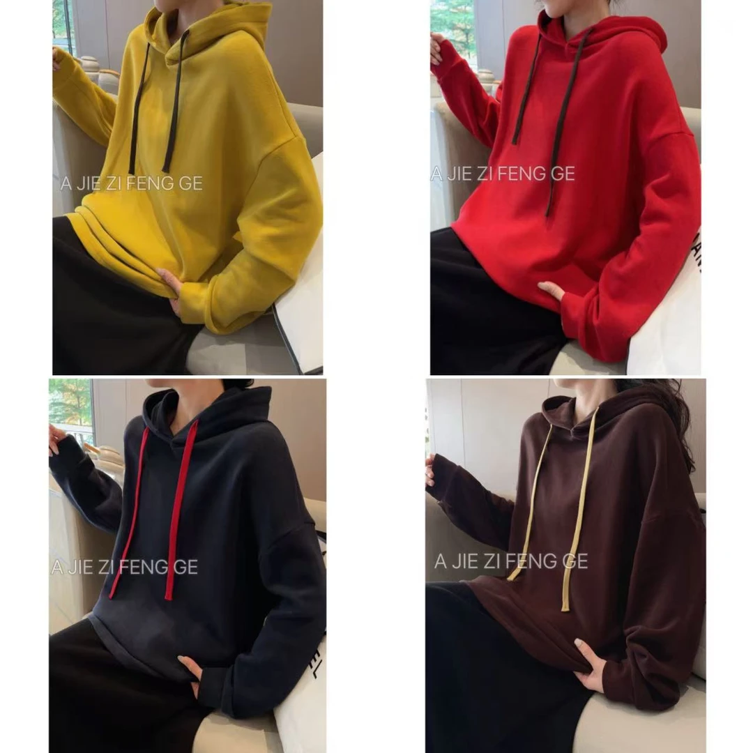 2025秋冬新款连帽水洗秋冬纯色极简风卫衣慵懒风宽松加厚上衣