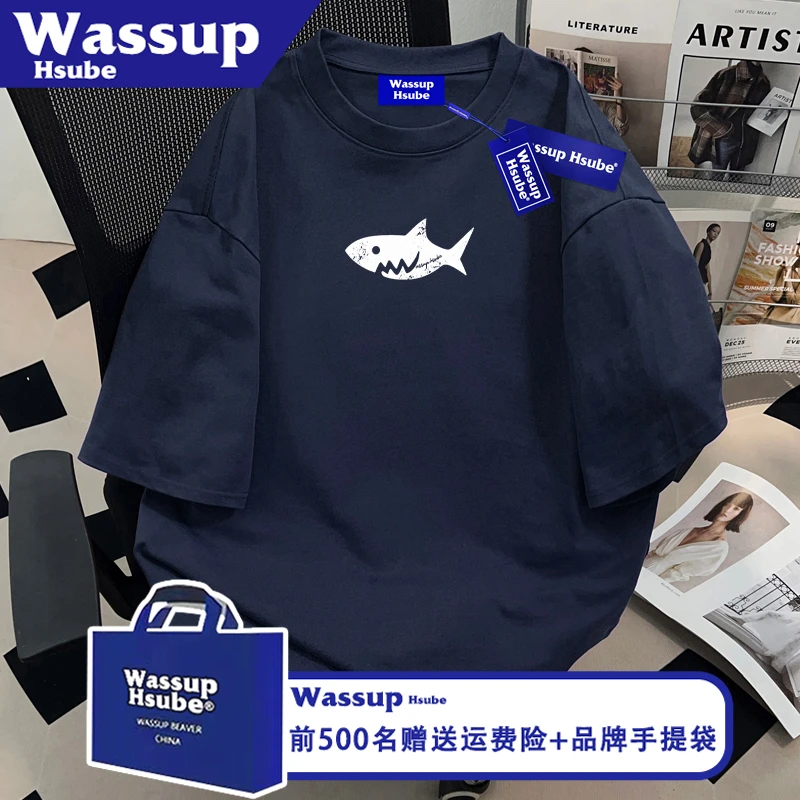 WASSUP HSUBE夏季美式纯棉鲨鱼印花上衣藏青T恤ins宽松男女款短袖