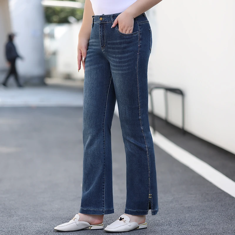 大码高腰牛仔裤女裤秋季2025年新款加肥弹力宽松垂感开叉微喇叭裤