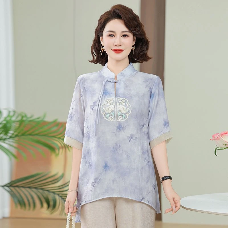 3新中式夏装2025新款国风短袖衬衫中老年女夏季新中式套装大码