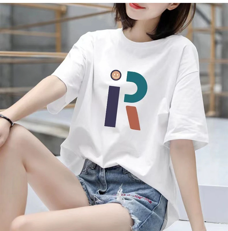 2025夏季新款短袖T恤女ins大码圆领时尚粉色印花体恤情侣上衣