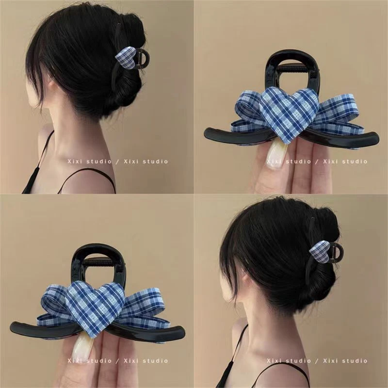 小众设计ab版蓝格爱心蝴蝶结抓夹高级感爱心夹后脑勺盘发头饰