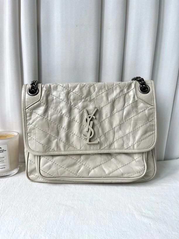 95新 YSL/圣罗兰 经典白色中号油蜡皮niki单肩斜挎包链条包