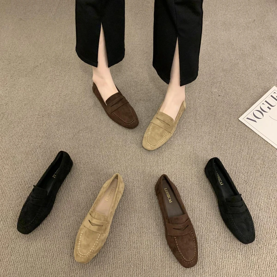 LIEI一脚蹬深口平底女乐福鞋女2025年秋冬绒面圆头厚底低跟小皮鞋