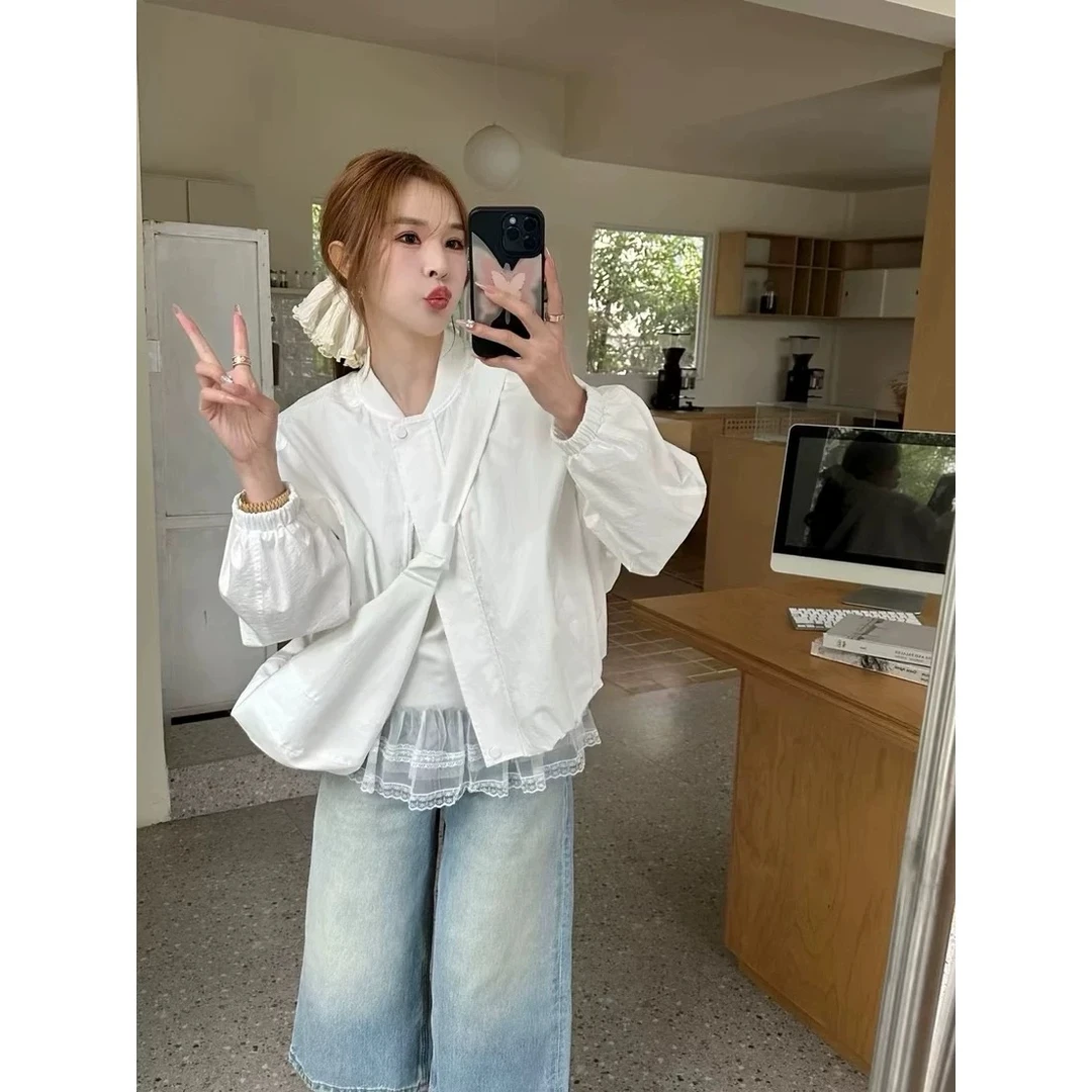 【琴】9650时尚圆领单排扣蕾丝拼接长袖宽松显瘦百搭棒球服上衣