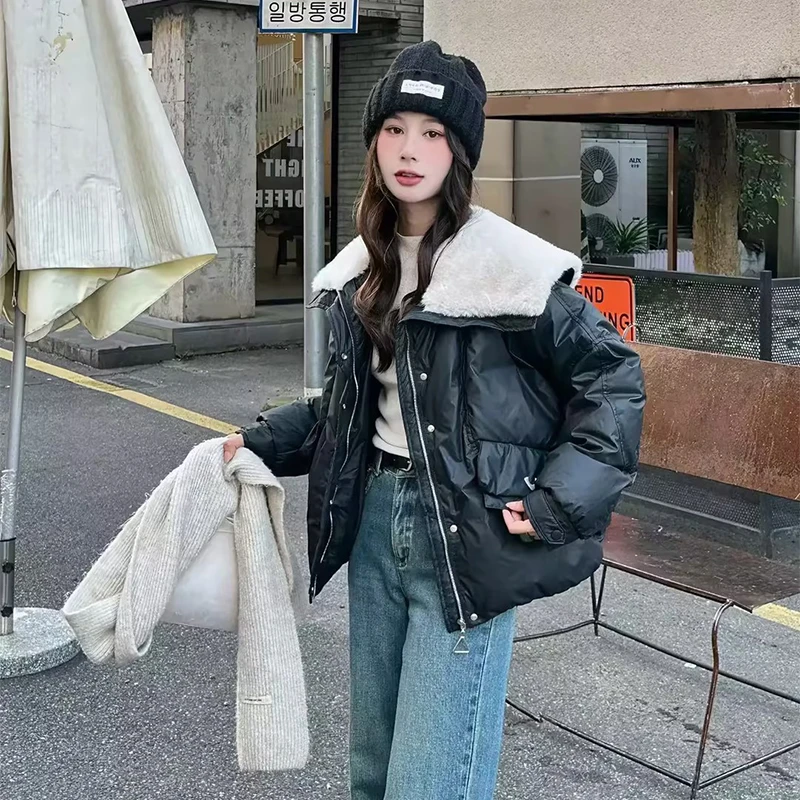 2025冬季新款鹅绒羽绒服女短款时尚拼接洋气毛领大翻领保暖小个子