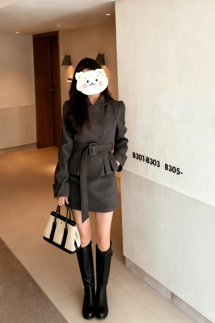 韩系设计感高级毛呢套装冬季氛围感修身外套加显气质半身裙两件套