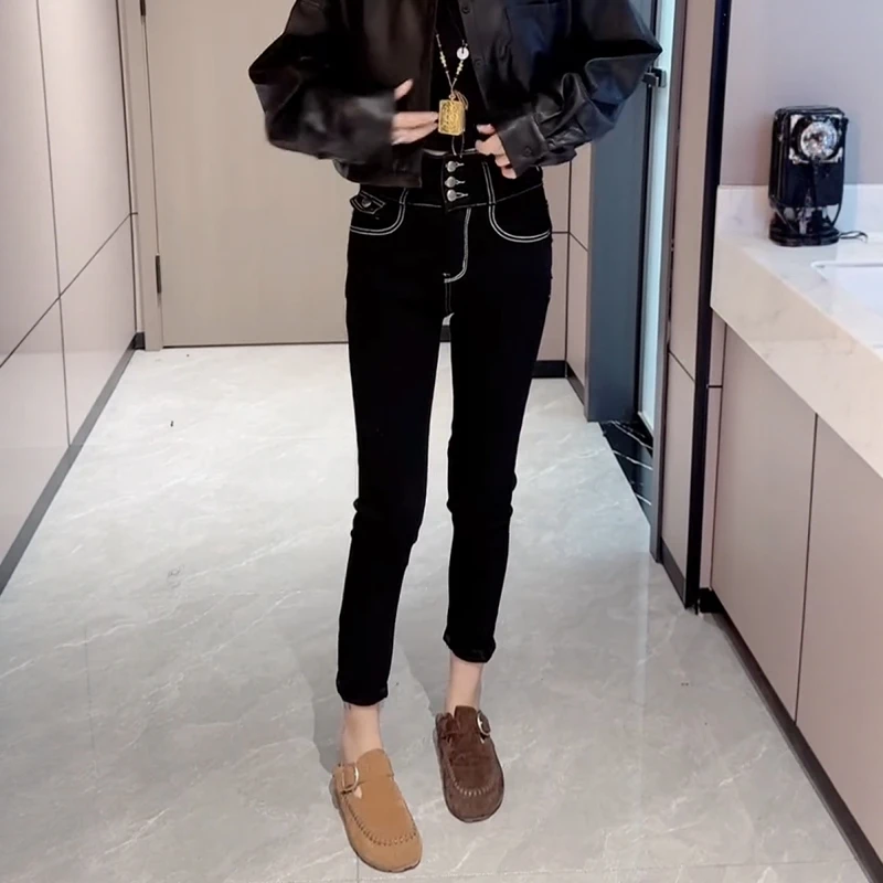 2025秋冬新款明线设计牛仔烟管裤大码女装加绒加厚百搭九分小脚裤