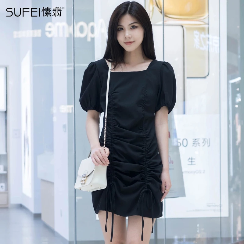 夏季港风气质复古小黑裙韩系抽绳泡泡袖连衣裙0185