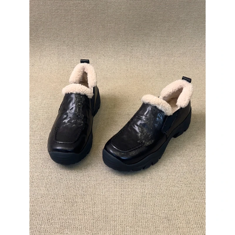 nnmiss/4cm复古风圆头加绒乐福鞋女休闲运动厚底一脚蹬深口单鞋