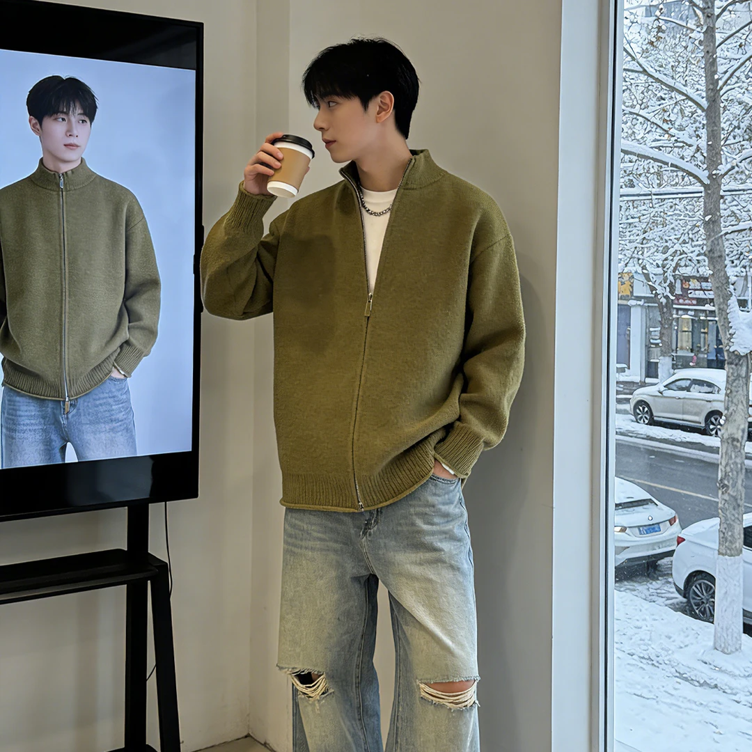 双拉链针织开衫男士宽松立领日系简约休闲百搭纯色高级感毛衣外套