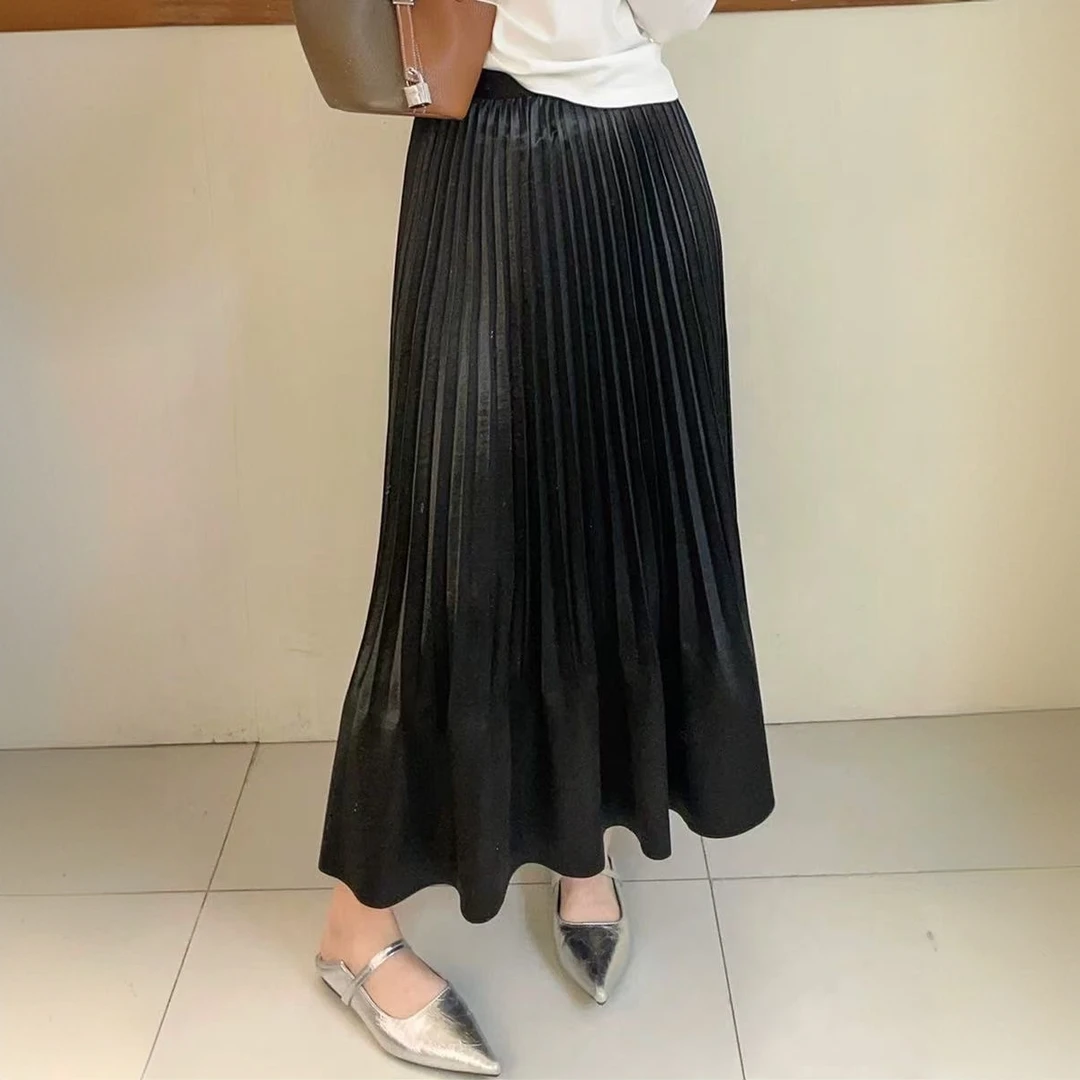 缎面A字百褶半身裙女欧洲站早春新款欧货女装中长款百搭鱼尾裙潮