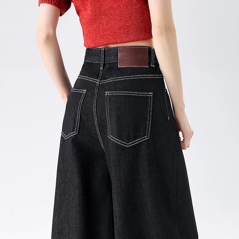 黑色明线超好看牛仔阔腿裤女士2025新款宽松慵懒风松弛感垂感裤子