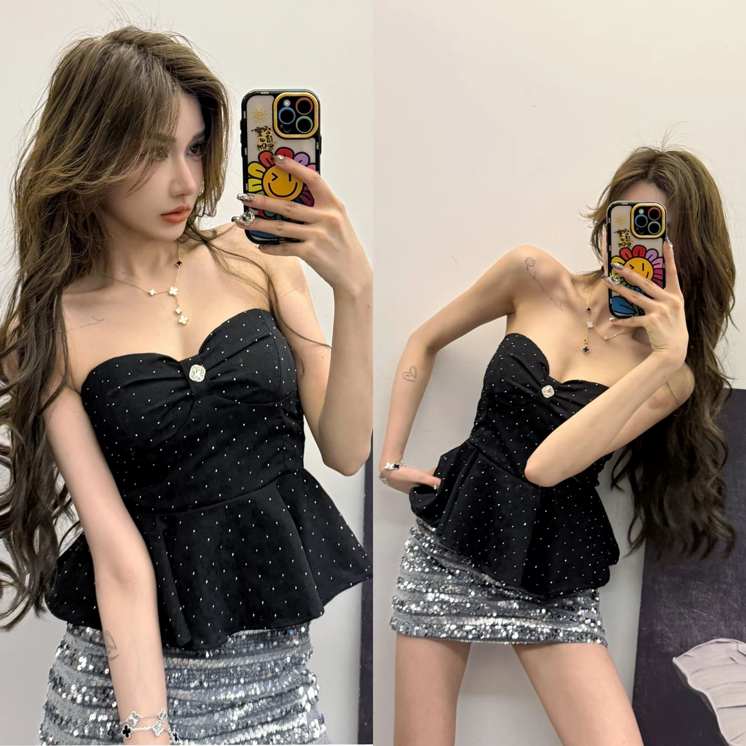 甜辣妹性感烫钻锁骨抹胸修身显瘦外穿露背裹胸背心上衣