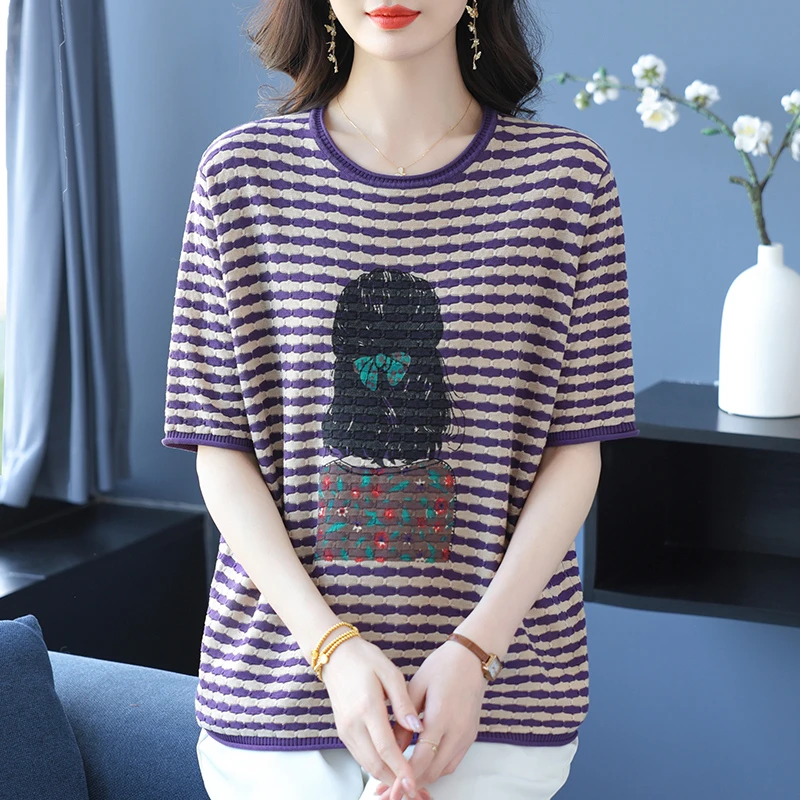 夏季文艺大码妈妈遮肉显瘦印花复古套头休闲条纹女2025新款薄上衣