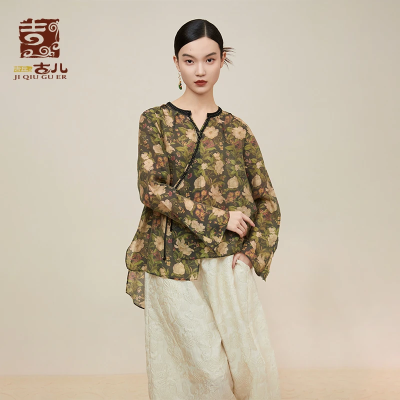 吉丘古儿栀子香原创设计印花上衣宽松复古气质时尚衬衫女G243Y001