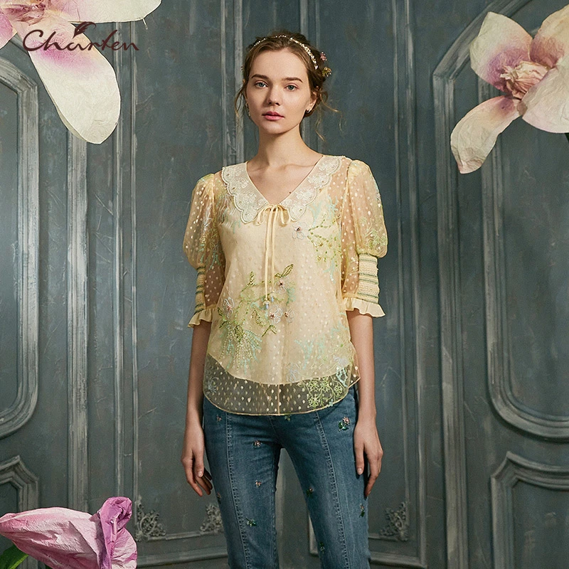 【媛媛专享】朝峰夏季新款优雅上衣女CFC2D307-311T蕾丝