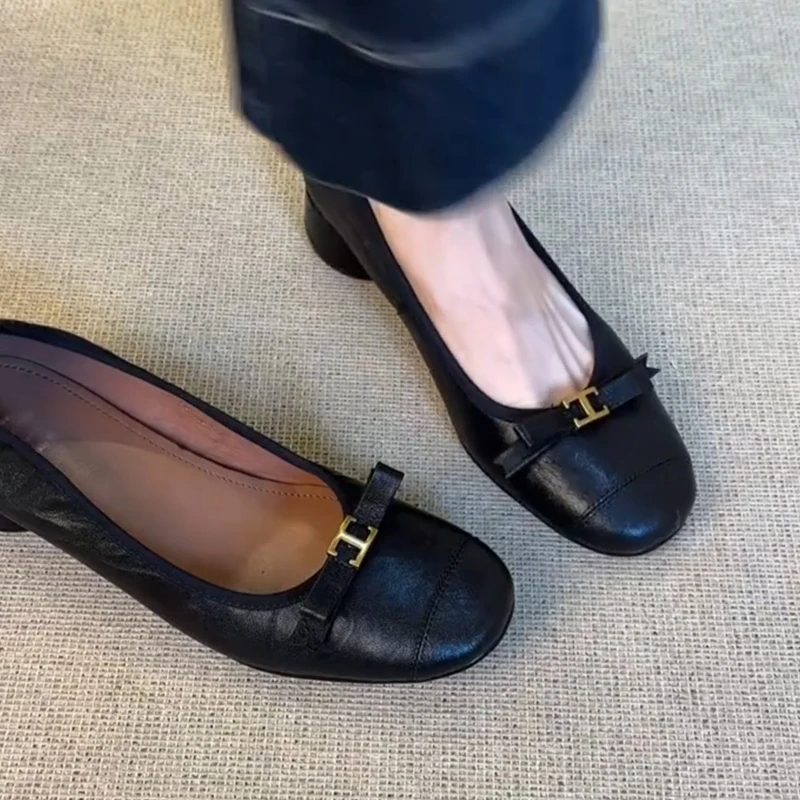 羊皮~法式晚风单鞋一脚蹬百搭黑色方头蝴蝶结粗跟显瘦玛丽珍女鞋