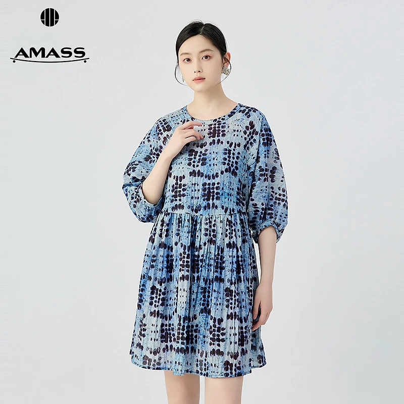 阿玛施AMASS 新款优雅气质泡泡袖腰间抽褶设计两件套连衣裙550019