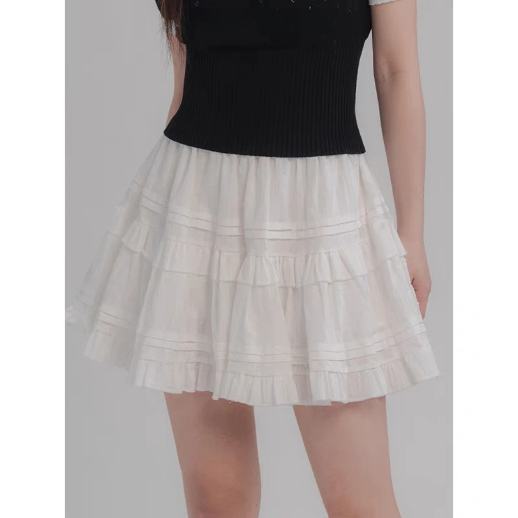 白色松紧腰蛋糕裙半身裙女新款短裙芭蕾风高腰A字半身裙339