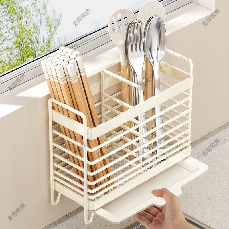 筷子收纳盒厨房置物架免安装一体壁挂式家用筷筒筷笼餐具勺沥水J