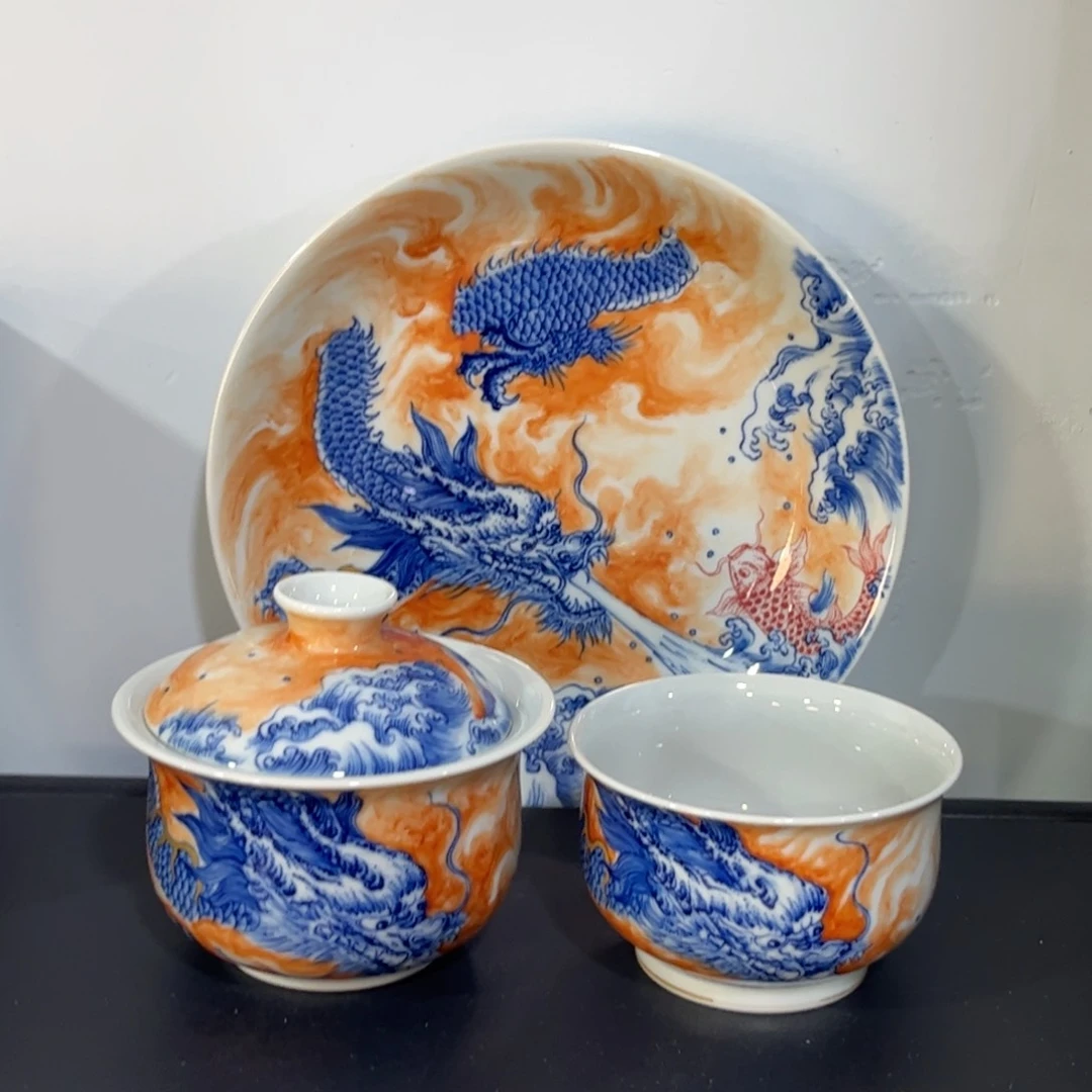 青花矾红描金鱼化龙三件套 可拆分