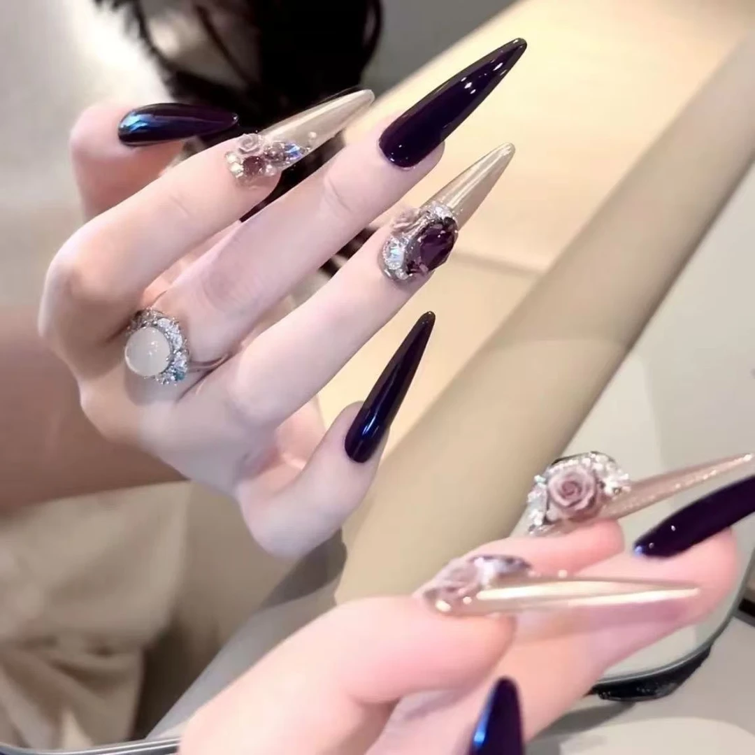 [早春]纯手工轻奢媚骨御姐紫魔镜粉鸽子蛋玫瑰钻球显白美甲穿戴甲