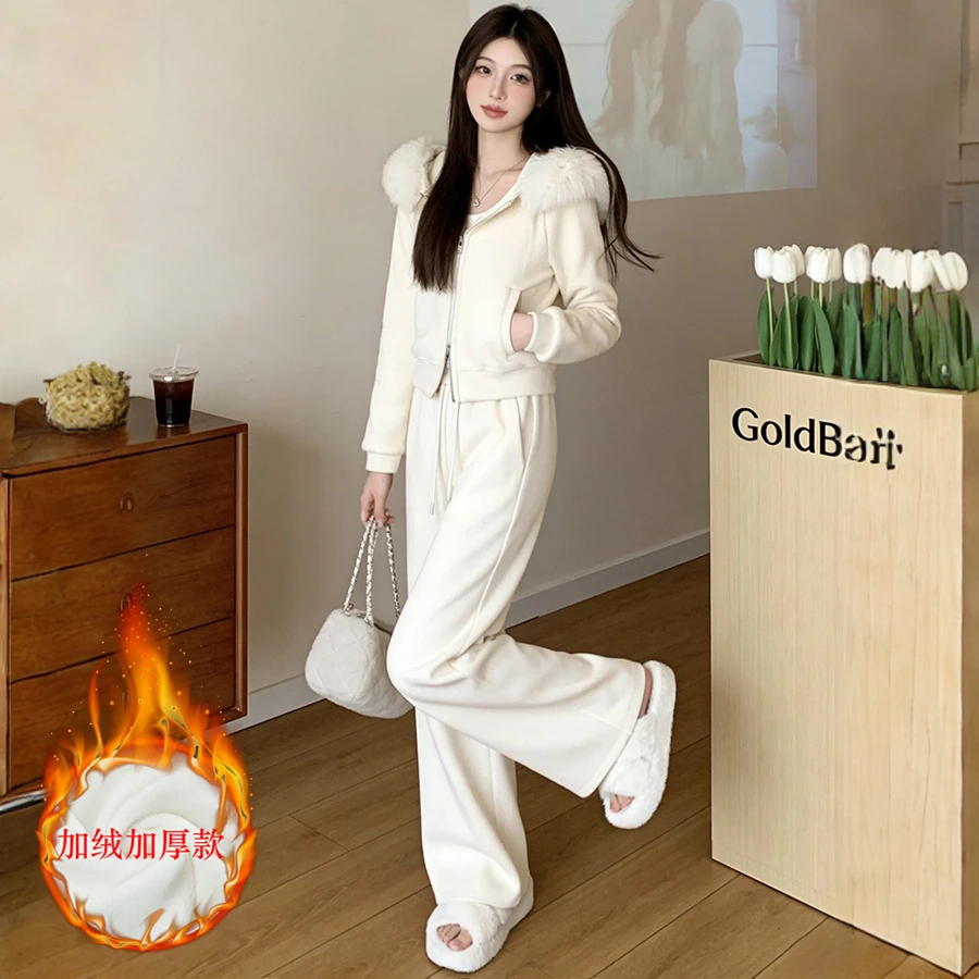 秋冬加绒加厚套装气质显瘦毛领卫衣阔腿裤小个子冬季穿搭一整套女