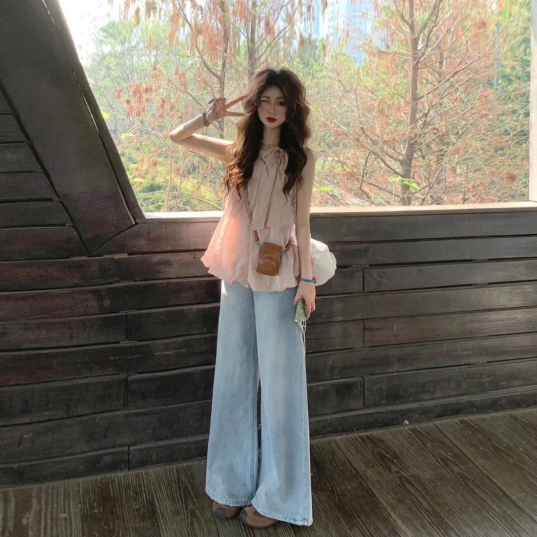 韩系气质系带花苞下摆无袖挂脖背心高腰显瘦阔腿牛仔裤套装2025夏