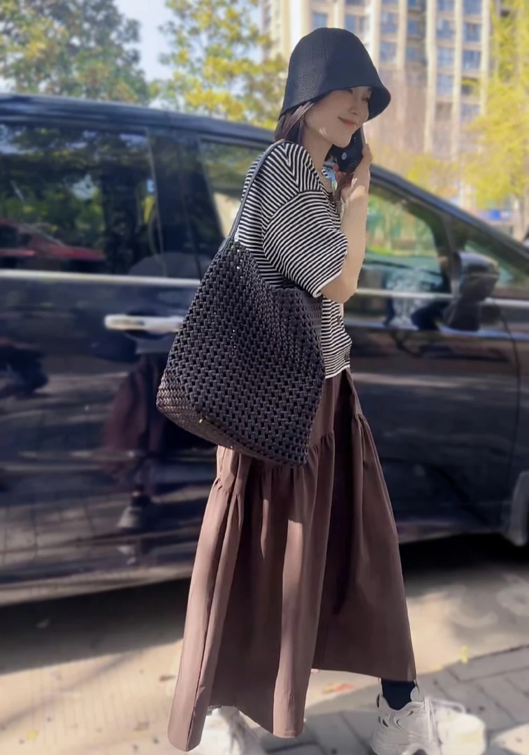 【安然】半身裙女夏季a字型中高腰显瘦修饰腿型黑色长款半身裙3388