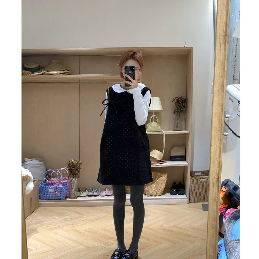 【YS】韩版宽松甜美减龄显瘦百搭蝴蝶结波点背心毛呢连衣裙~1221