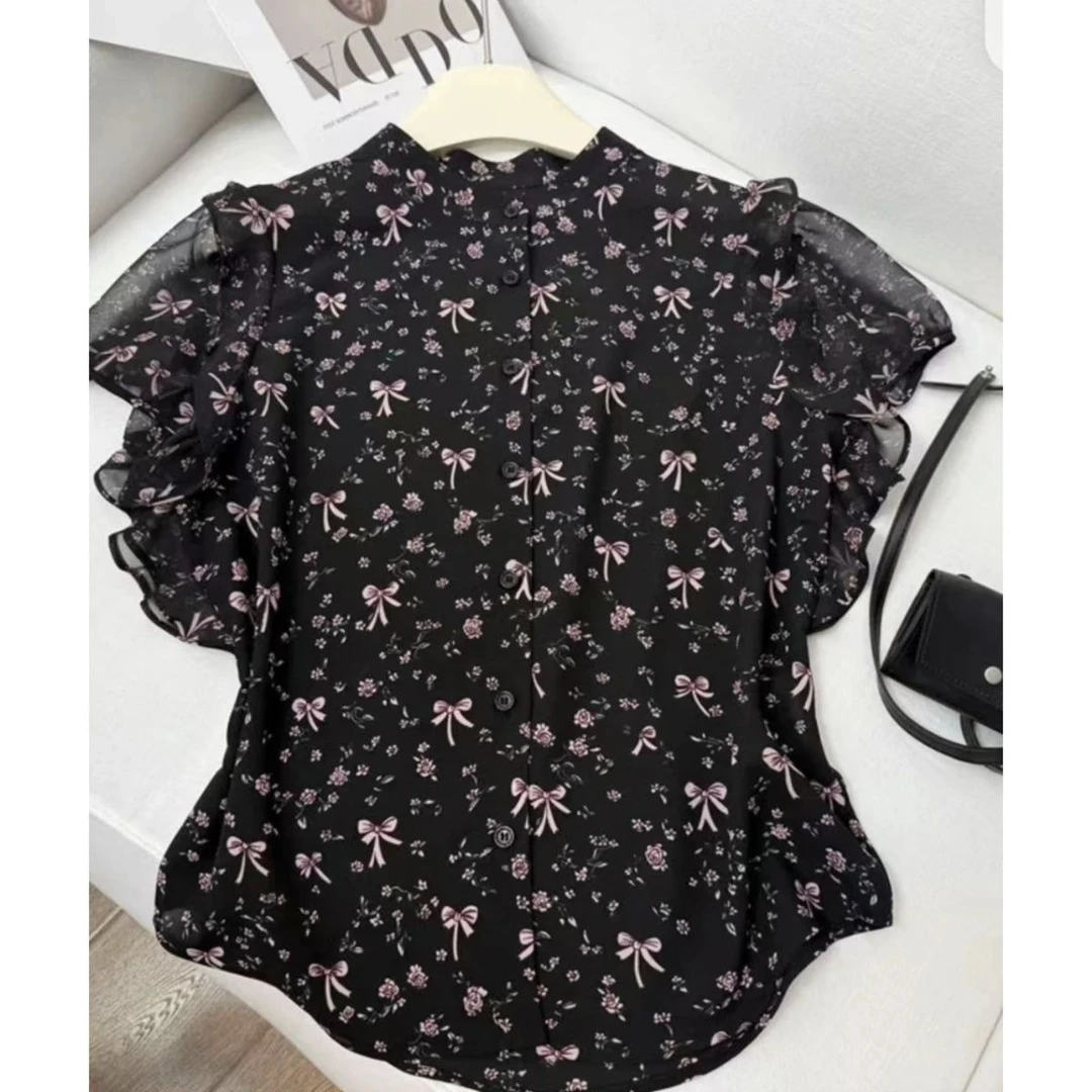 浪漫蝴蝶结碎花衬衫2025夏季新款高级感减龄通勤印花遮肚子上衣