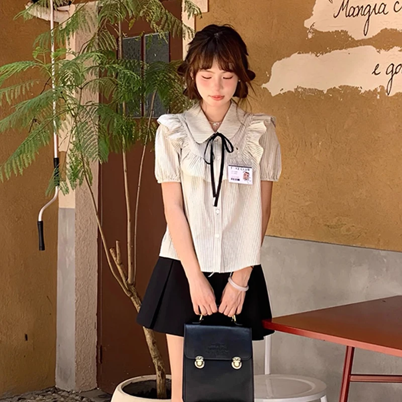 学院风短袖条纹衬衫女夏季蝴蝶结甜美娃娃领衬衣绝美气质独特小衫