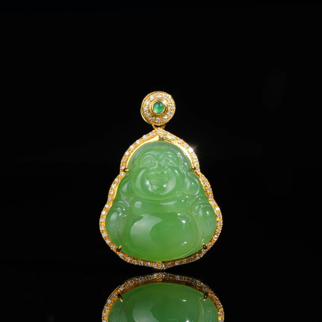 【鹿鸣】18k和田玉翠青佛公吊坠 不含链 LM09 *3446*