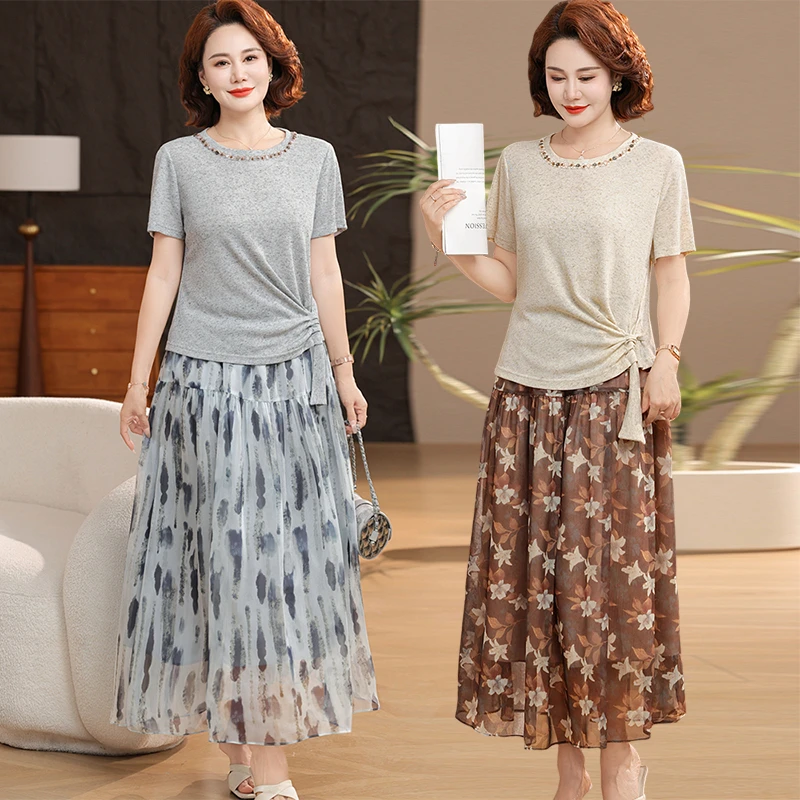 妈妈夏装气质减龄套装2025新款中年女装夏季短袖T恤半身裙两件套