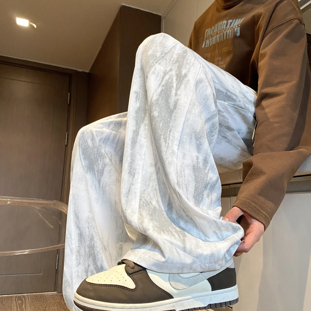 扎染冰丝裤子男夏季薄款潮流宽松直筒凉感休闲裤垂感速干阔腿长裤