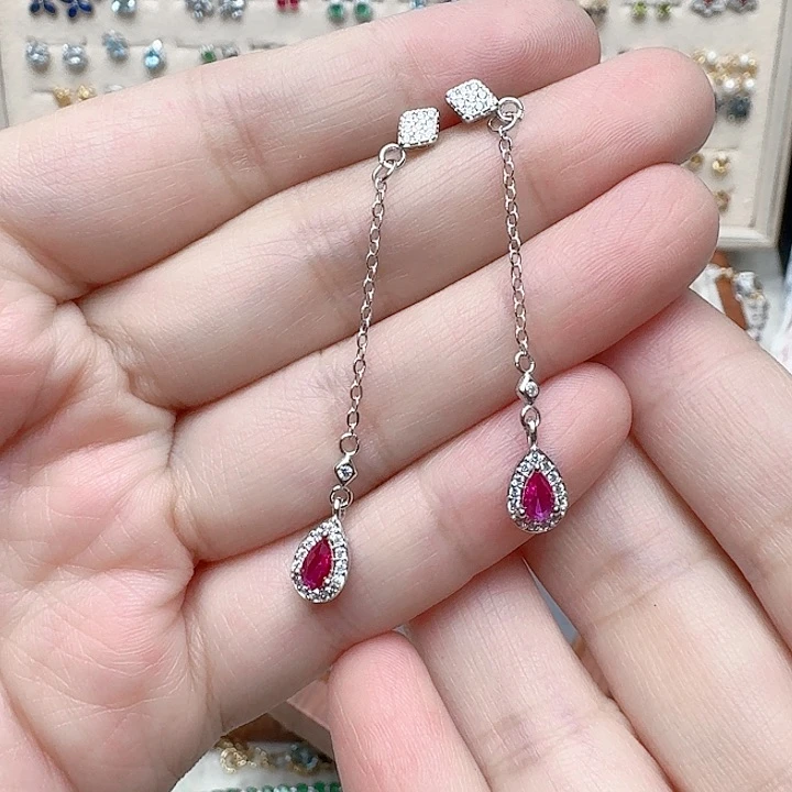 红宝石耳饰银S925镶嵌红刚玉耳钉839