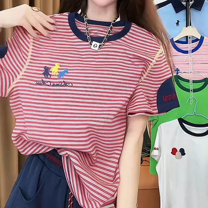 设计感袖口撞色拼接条纹短袖T恤女2025夏季新款小马字母刺绣上衣