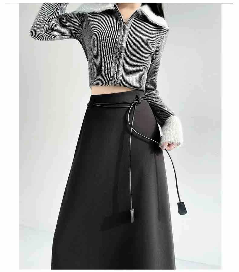 【16560-2】羊#高腰开叉长款半身裙【配腰带】