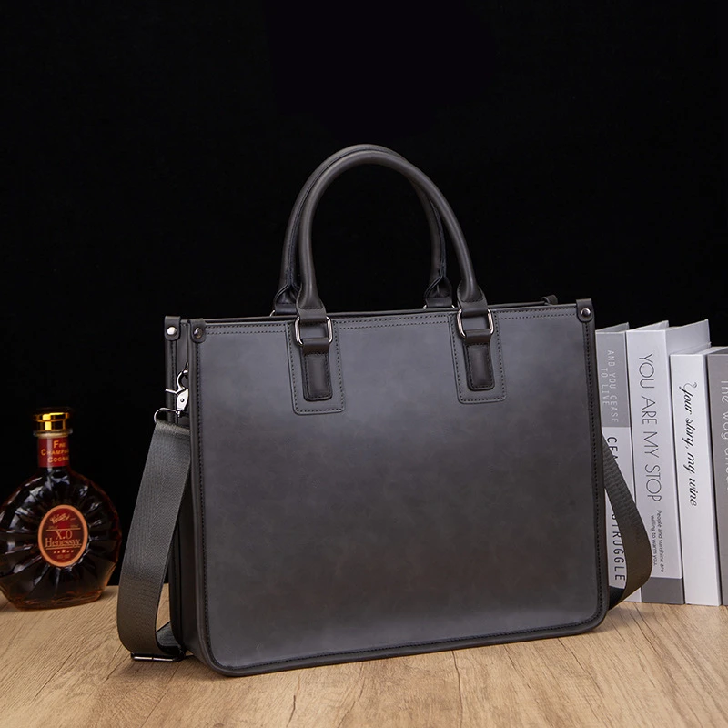 男士疯马皮公文包复古通勤手提包PU男款商务单肩斜挎包14寸电脑包