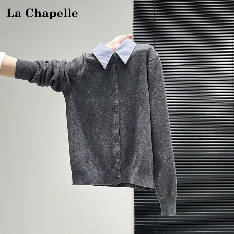 拉夏贝尔灰色高级感polo领长袖针织开衫女秋冬假两件叠穿内搭上衣