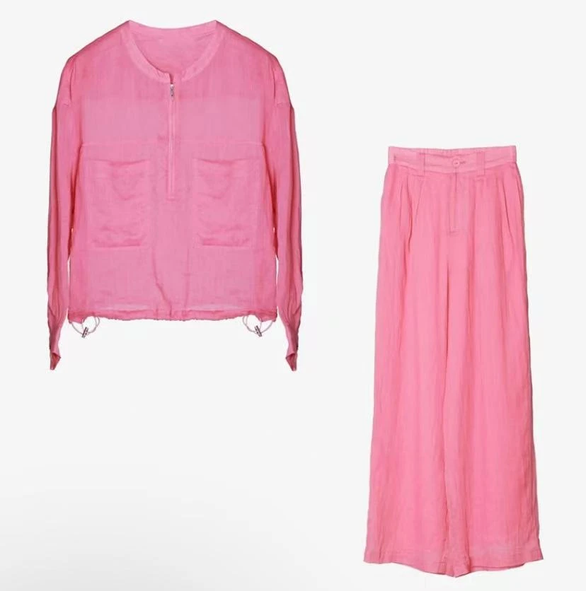 度假休闲风粉色套装女装2025年春季新款圆领设计感上衣百搭长裤