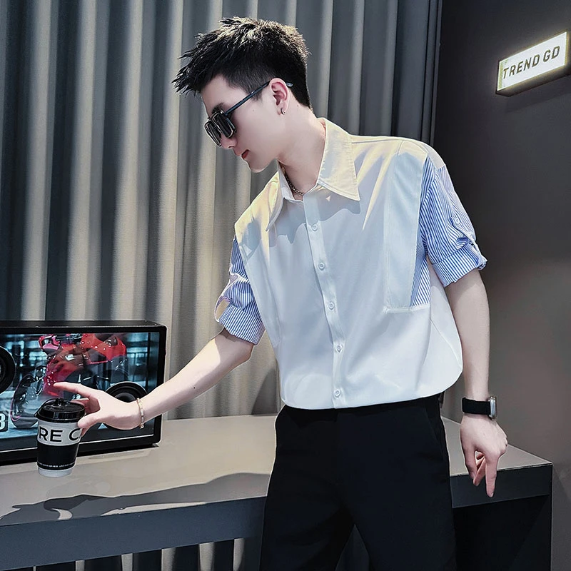 男士短袖衬衫夏季薄款高级感条纹袖拼接男生上衣痞帅男装休闲衬衣
