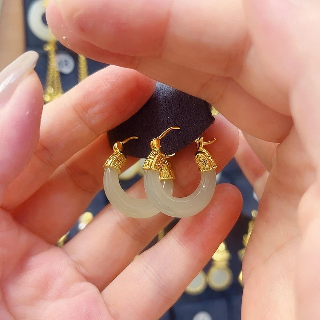 和田玉银S925镀金镶嵌耳饰