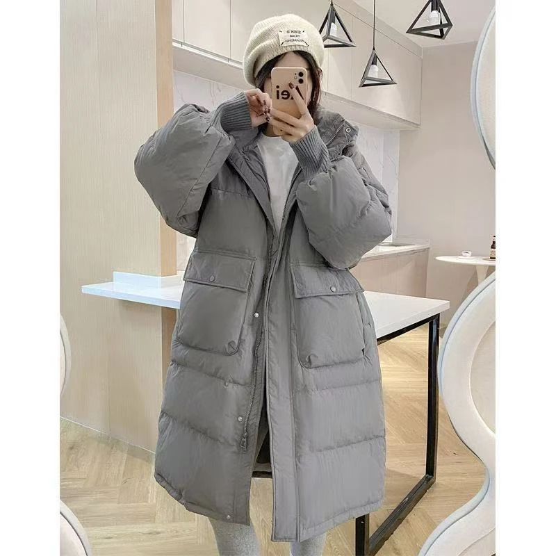 反季新款螺纹袖羽绒服女韩版宽松连帽中长款过膝加厚白鸭绒冬2025