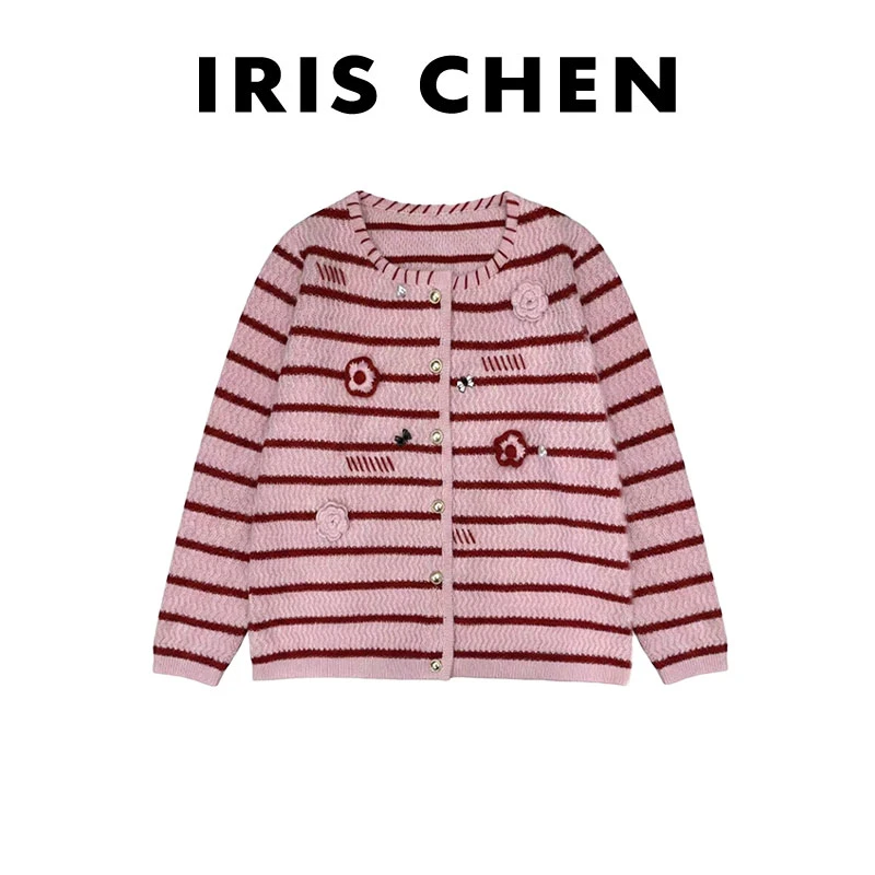 IRIS CHEN 花信子 2025冬“100绵羊毛350g”条纹休闲针织衫25SY1198