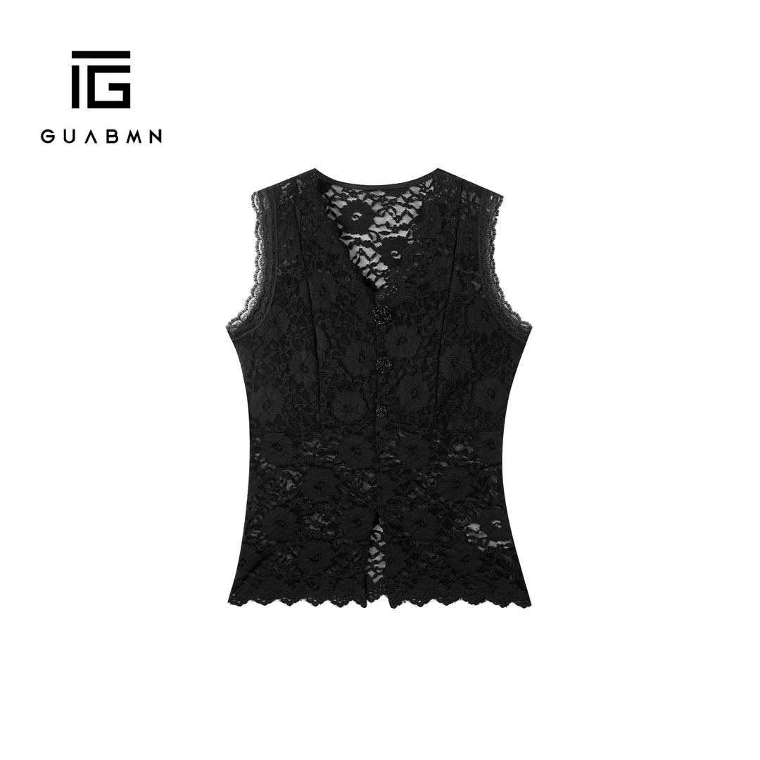 GUABMN2025夏季新款气质V领镂空蕾丝收腰背心3939